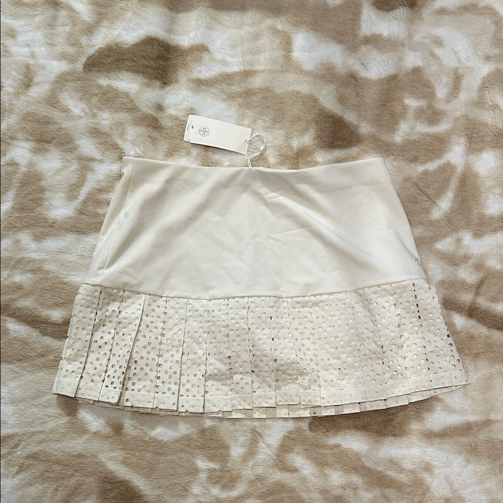 Tory Burch Cream Mini Skirt with Eyelet Pleats